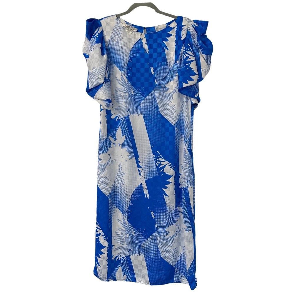 VTG 80s Pure Argenti Midi Dress Sz 10 Blue White Geometric Floral Puff‎ Sleeve